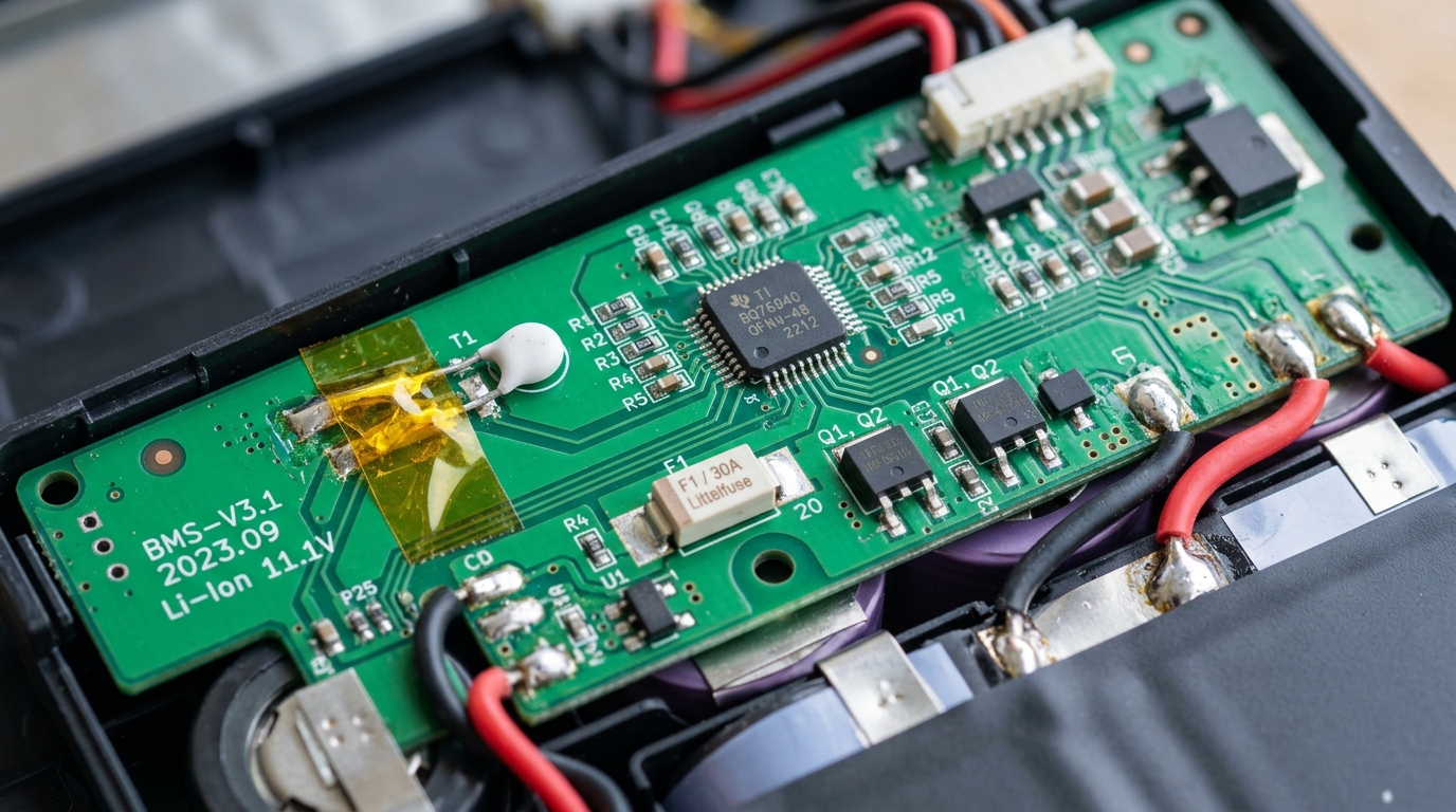 Close-up macro of laptop battery BMS circuit board and fuel gauge controller