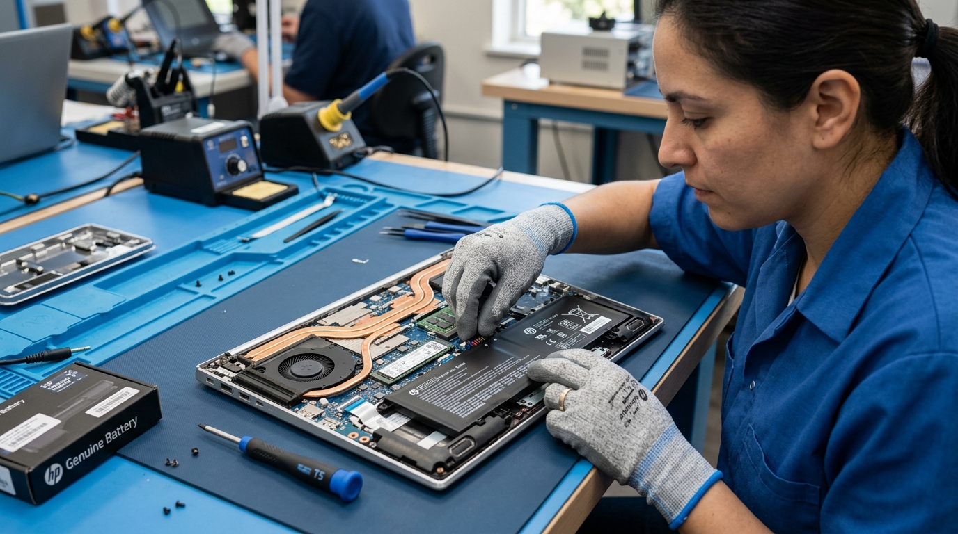 Technician installing genuine laptop battery on antistatic workbench