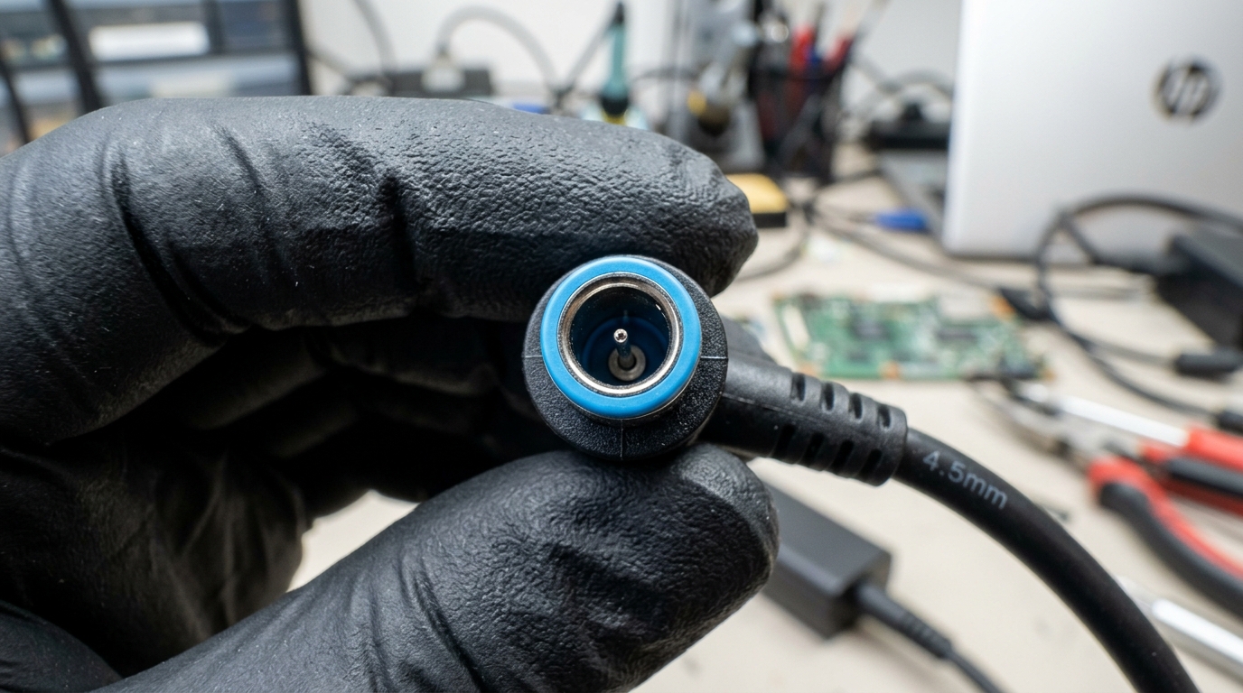 Macro inspection of HP 4.5mm Blue Pin connector showing center smart pin needle