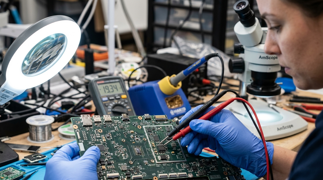 Motherboard charging IC and dual input MOSFET diagnostic under microscope