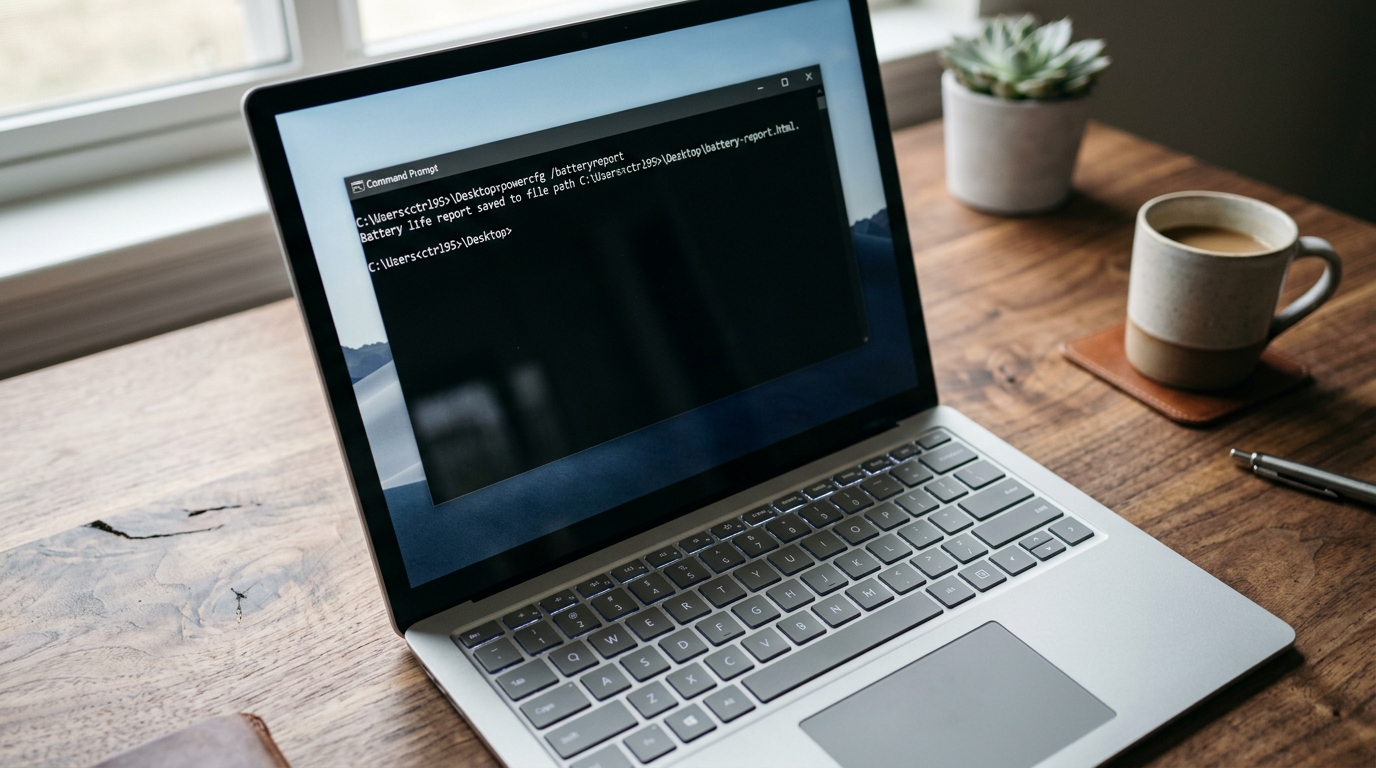 Command Prompt terminal executing powercfg batteryreport command
